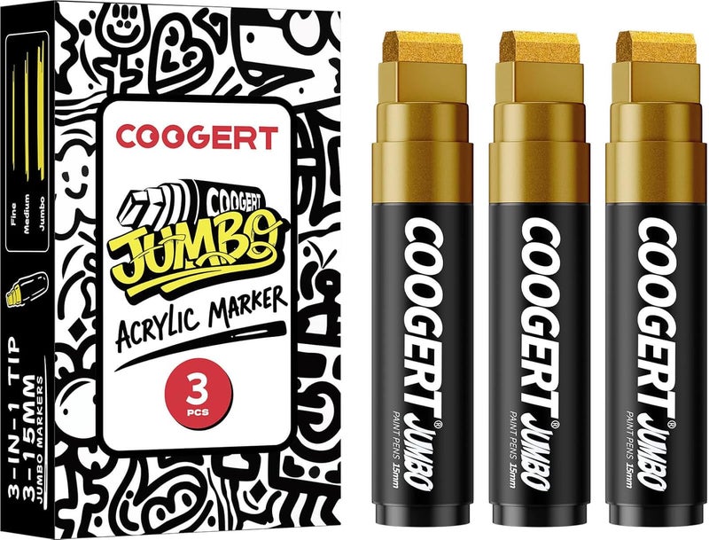 Coogert 3Pcs Gold Jumbo Poster Markers, 15MM Thick Permanent Acrylic Graffiti Markers, Wide Tip Paint Marker for Canvas, Posters Board, Fabric, Window, Glass, Wood, Teachers,Banner painting supplies - Image 1